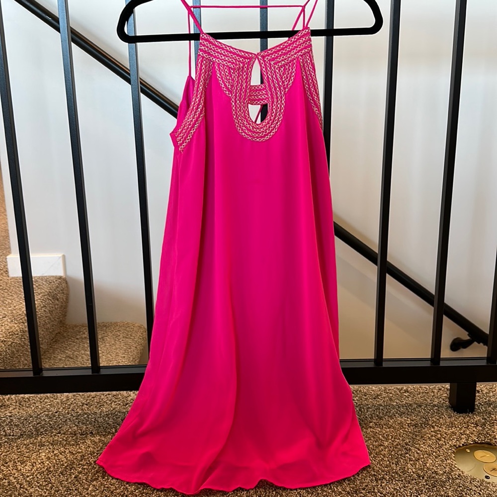 Hot pink spaghetti strap dress with gold accents!